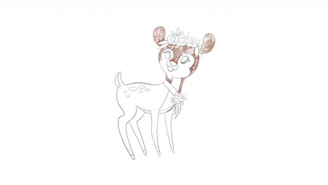 Animation of digital drawing of a brown deer with a floral wreath on his head on a blue background with imitation of watercolor.