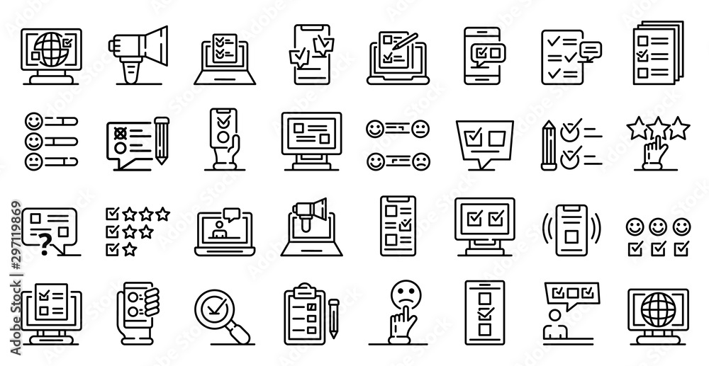 Poster online survey icons set. outline set of online survey vector icons for web design isolated on white 