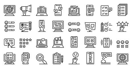Online survey icons set. Outline set of online survey vector icons for web design isolated on white background