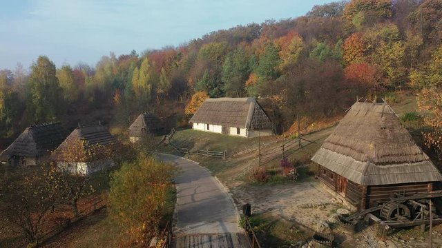Wooden churches in the Ukrainian village. The neighborhoods of Kiev. Pirogovo.