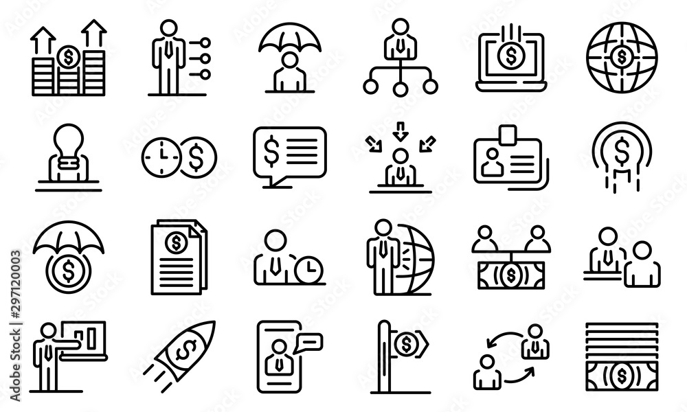 Poster financial advisor icons set. outline set of financial advisor vector icons for web design isolated o