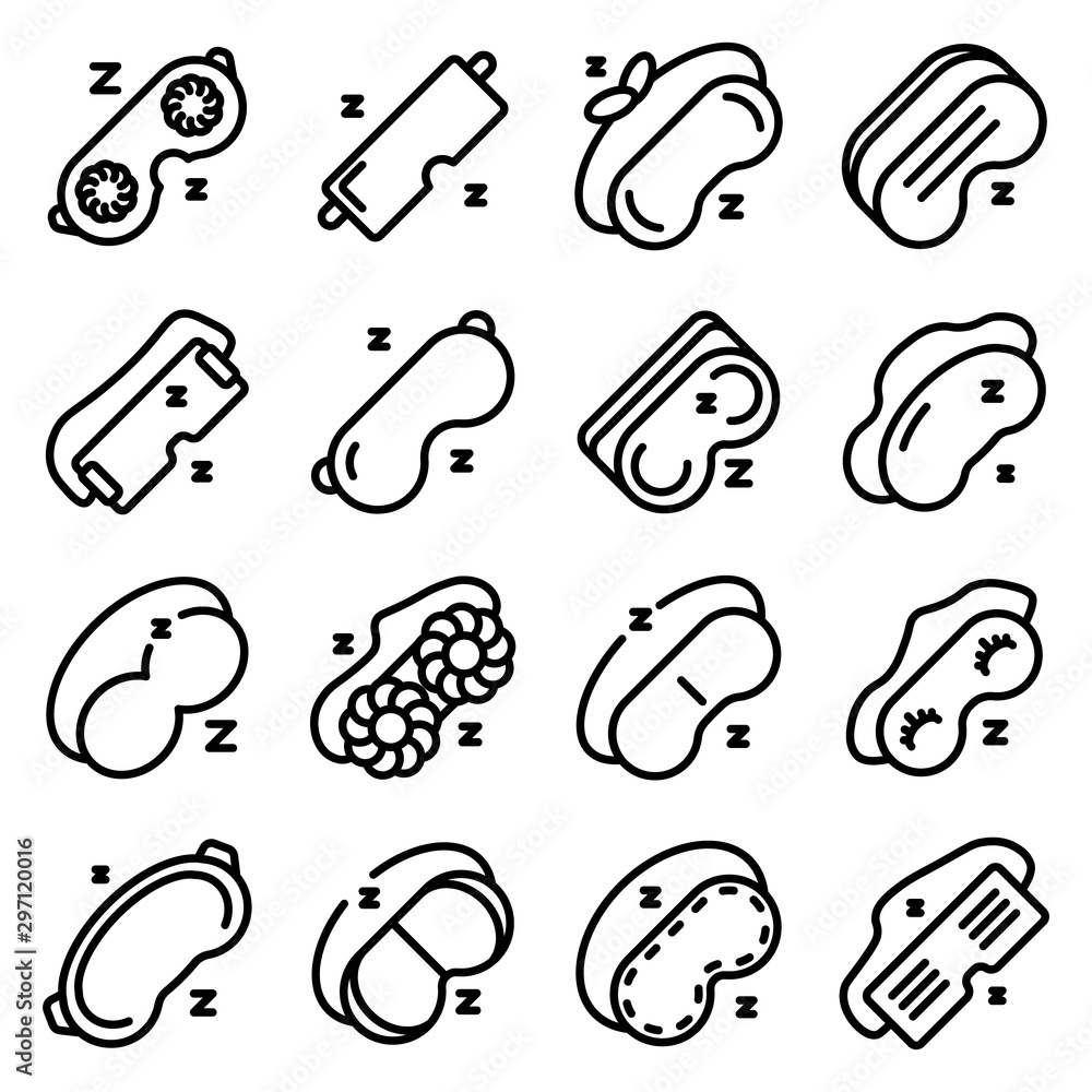 Poster sleeping mask icons set. outline set of sleeping mask vector icons for web design isolated on white 