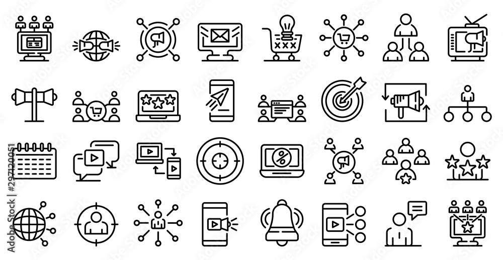 Poster remarketing icons set. outline set of remarketing vector icons for web design isolated on white back