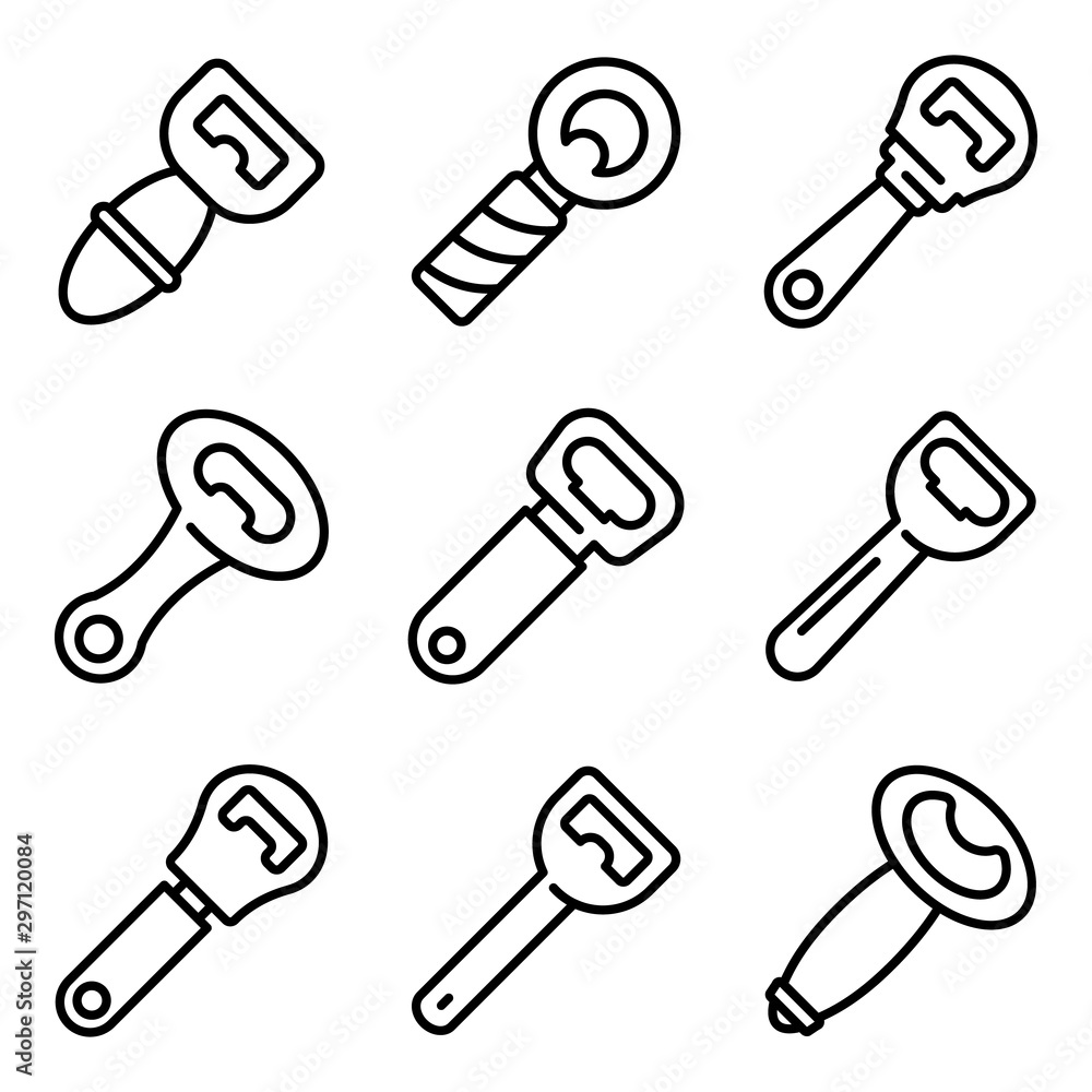 Poster bottle-opener icons set. outline set of bottle-opener vector icons for web design isolated on white 