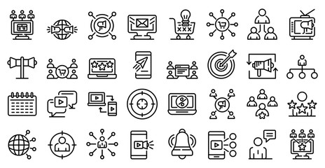 Remarketing icons set. Outline set of remarketing vector icons for web design isolated on white background