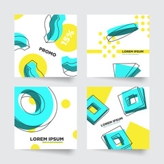Set of 3d flat trendy geometric abstract web banner, promotion, cover, social media, background template