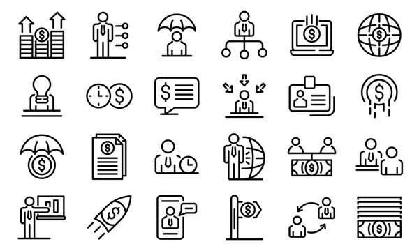 Financial advisor icons set. Outline set of financial advisor vector icons for web design isolated on white background