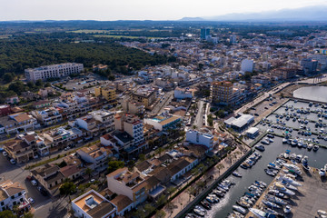 Fototapeta na wymiar Aerial views, Can Picafort, bay and harbor, Mallorca, Balearic Islands, Spain
