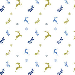Christmas seamless pattern with stars. reed, decorations, leaves, berries, trees ans snowflakes on white background.