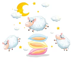 Fototapete Wolken Schafe springen über die Kissen auf weißem Hintergrund