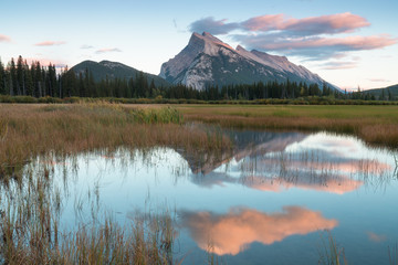 Beautiful sunrise over Vermillion Lake , Banff National Park, Alberta, Canada. Vermilion Lakes are a series of lakes located immediately west of Banff, Alberta Beautiful background photo. 