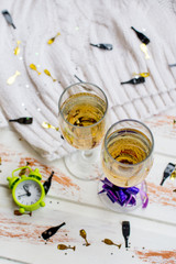 New year's clink of glasses. Christmas and New year champagne glass on white background.