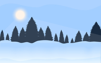 Winter landscape - spruce forest, snowdrifts, sun - art, vector. Travel Poster.