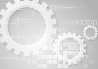 Grey high technology abstract background with gears and squares. Vector design