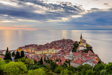 Cityscape of Piran. Panoramic view of Adriatic sea and city of Piran in Istria, Slovenia.