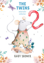 Cute watercolor Twins Mouse birthday greeting cards,posters for baby room, baby shower, invite, kids and baby t-shirts and wear. Hand drawn nursery illustration. Funny animal and cotton