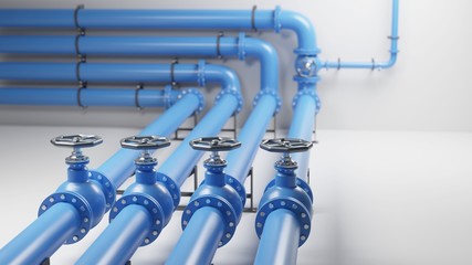 Blue industrial pipelines with valves on white background. Digital render image.