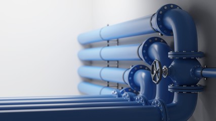 Naklejka na ściany i meble Blue industrial pipelines with valves on white background. Digital render image.