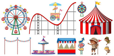 Isolated objects from circus theme with kids and rides