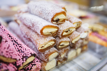 Eastern sweets, confectionery on the counter, Sherbet, Dzhezerye, halva, Turkish delight baklava.