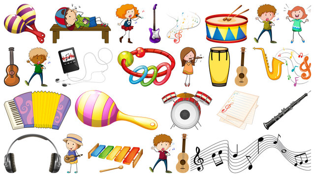 Set of different musical instruments and people