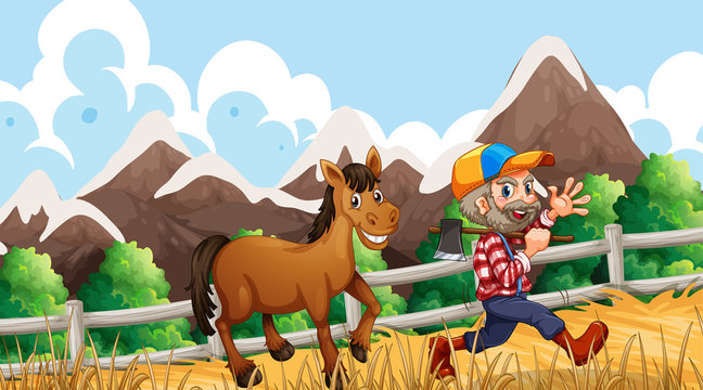 Man and horse on farm