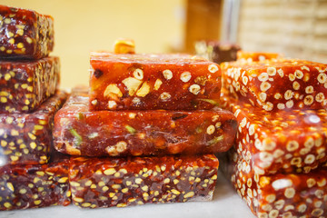 Eastern sweets, confectionery on the counter, Sherbet, Dzhezerye, halva, Turkish delight baklava.