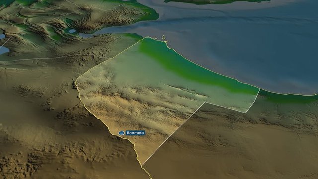 Awdal - region of Somalia with its capital zoomed on the physical map of the globe. Animation 3D