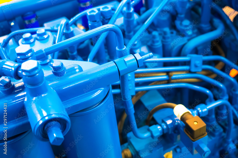 Poster fragment of a diesel engine. engineering. engine blue. ship's engine. close - up of the ship motor. 