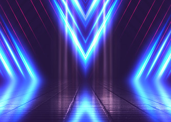 Empty background scene. Dark street reflection on wet asphalt. Rays of neon light in the dark, neon shapes, smoke. Background of an empty stage show. Abstract dark background.