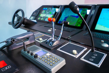 Navigation. The bridge on the ship. The place of management of the ship. Marine simulator....