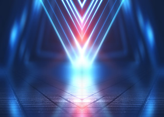 Empty background scene. Dark street reflection on wet asphalt. Rays of neon light in the dark, neon shapes, smoke. Background of an empty stage show. Abstract dark background.