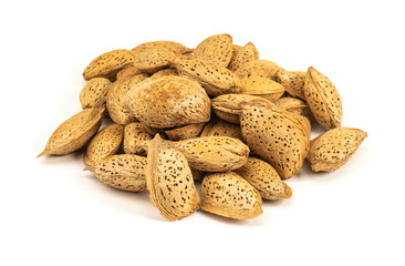 group of almond with skins on the white background