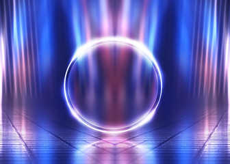 Empty background scene. Dark street reflection on wet asphalt. Rays of neon light in the dark, neon shapes, smoke. Background of an empty stage show. Abstract dark background.