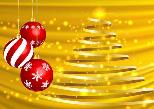 金色背景に輝くキラキラ光とリボンのクリスマスツリーとオーナメント
