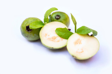 guava fruit and slice on white background. guava fruit top view on white background.