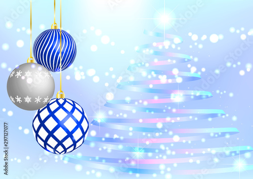 青色背景に輝くキラキラ光と虹色リボンのクリスマスツリーとオーナメント Background Wall Mural Backgrou Rrice