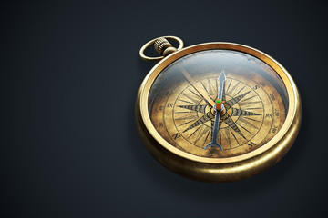 Vintage brass compass isolated on black background 3d © lotus_studio