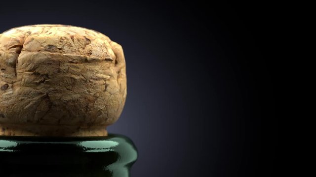 Cork flies out of champagne bottle isolated on black background 3d 4K