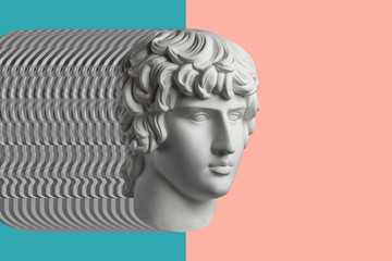 Contemporary art concept collage with antique statue head in a surreal style. Modern unusual art.