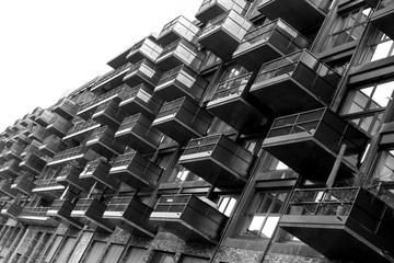 some balconies of a house in black and white