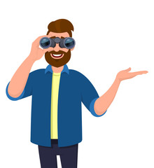 Young bearded man looking through binoculars. Person holding binocular and pointing or presenting hand to copy space. Male character design illustration. Modern lifestyle concept in cartoon.