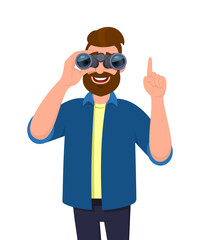 Happy young man looking in the distance through binoculars and gesturing, pointing hand finger up or showing one sign. Person viewing something from binocular. Modern lifestyle in cartoon.