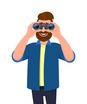 Happy Bearded Man In Casual Wear Looking Through Binoculars. Person Holding A Binocular In Hands. Male Character Design Illustration. Modern Lifestyle, Technology, Vision Concept In Vector Cartoon.