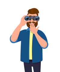 Happy hipster man looking in the distance through binoculars and covering mouth with hand for surprise or excitement. Young person is holding a binocular. Modern lifestyle, technology in cartoon style
