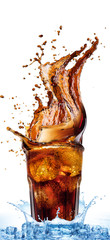 Cola splashing out of a glass., Isolated white background.