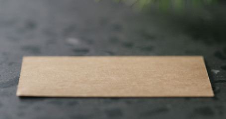 spruce twig with empty card on terrazzo countertop