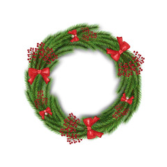 Fototapeta na wymiar Christmas wreath with berry and red bows decoration in round shape of pine branches isolated on white. Vector ornament for decoration on christmas, new year and winter holiday