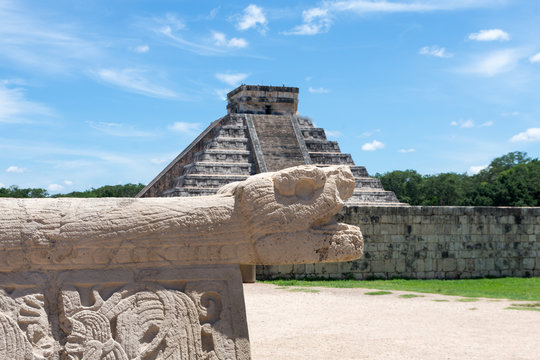 Chichen Itza temple with snake, seven wonders of the world - image