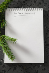 notepad with new years resolutions phrase with spruce twig